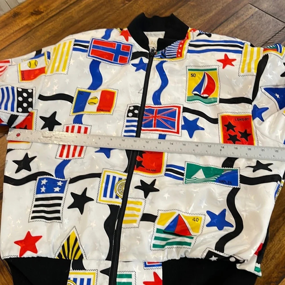 Vintage Jordana Stamps Flags zip Up Jacket Elastic Waist Blouse Small - Picture 15 of 16
